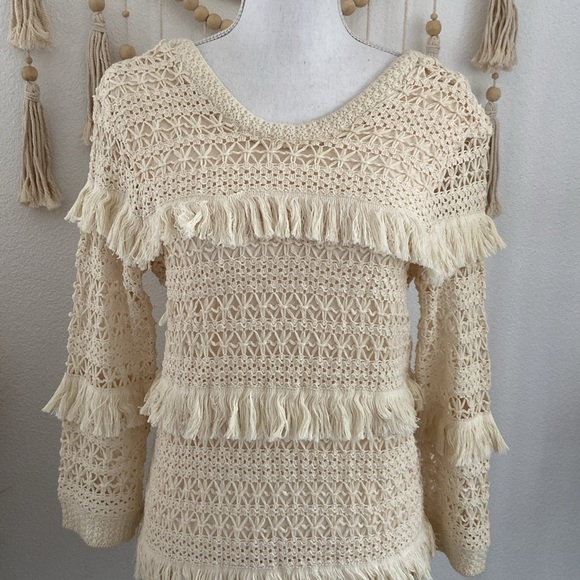 Volcom cream crochet mini dress tiered fringe low back cocoknit vacation medium - Picture 7 of 16